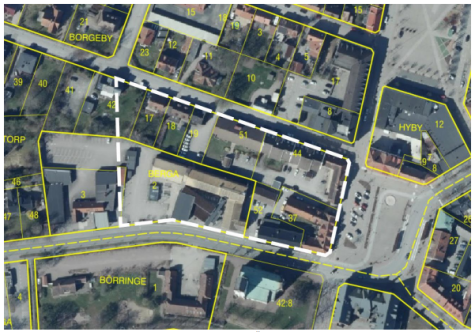 En karta som visar området för del av stadsplan (12-Höb-226) som omfattas av upphävande av del av tomtindelning. Området är markerat med en vit streckad linje. 