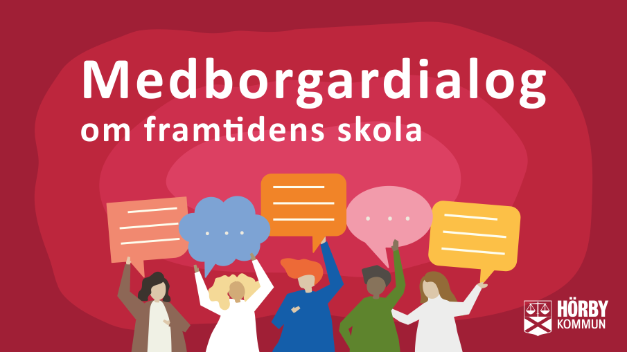 En röd bild med färgglada illustrerade människor som pratar. I rubriken står det "Medborgardialog om framtidens skola"