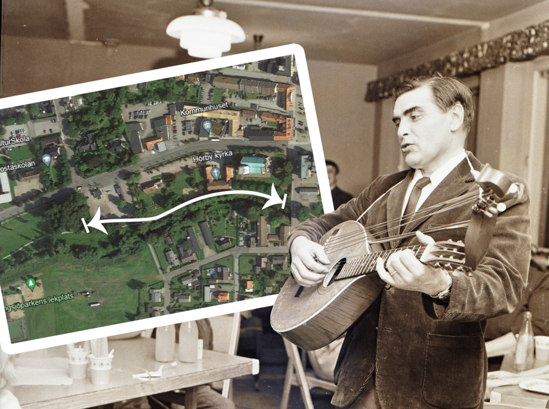 Montagebild med karta över promenadstråket och en bild på Erik Myrgren, men som håller i en luta och spelar.