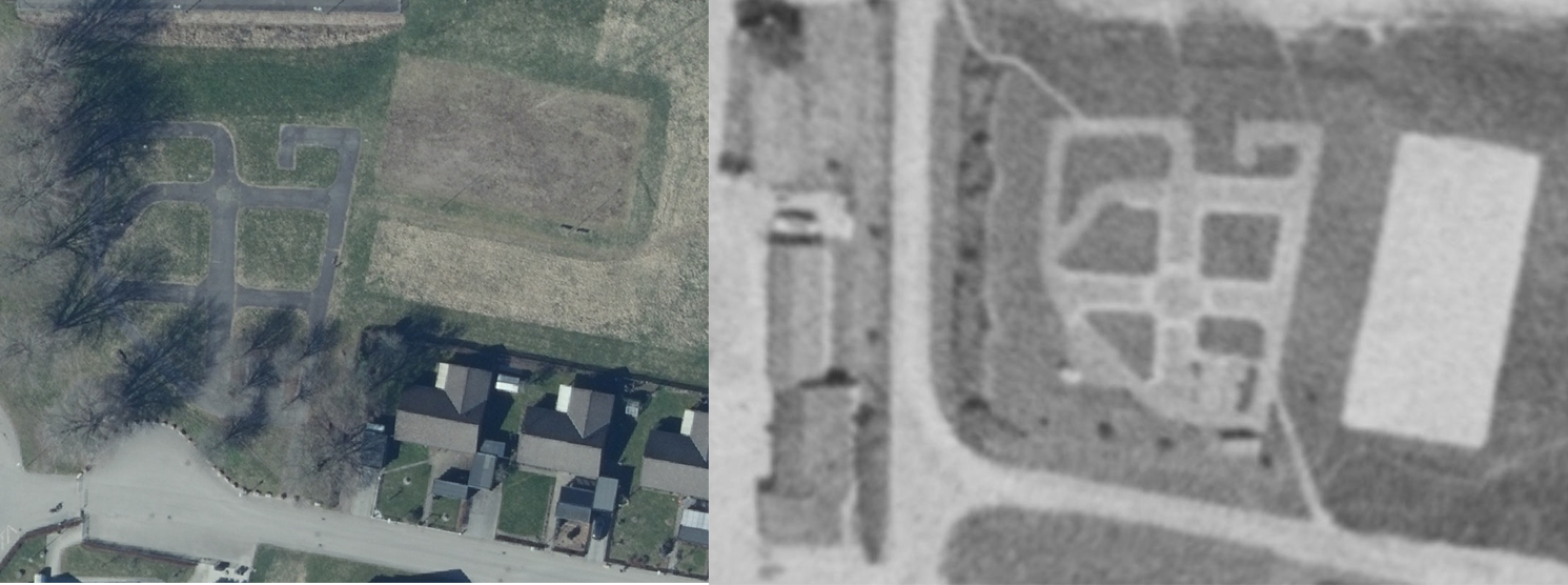 Två flygbilder riktade nedåt mot en asfalterad bana. Den till vänster är från 2021 och den till höger är från 1975.