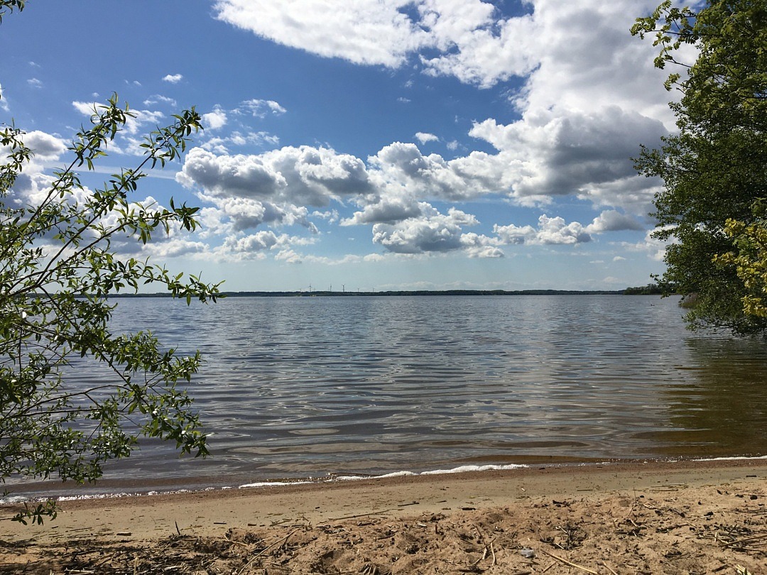 Sandstrand vid Ringsjön en solig sommardag.